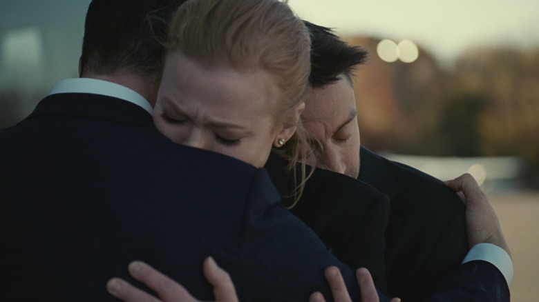Shiv Kendall and Roman hugging on Succession