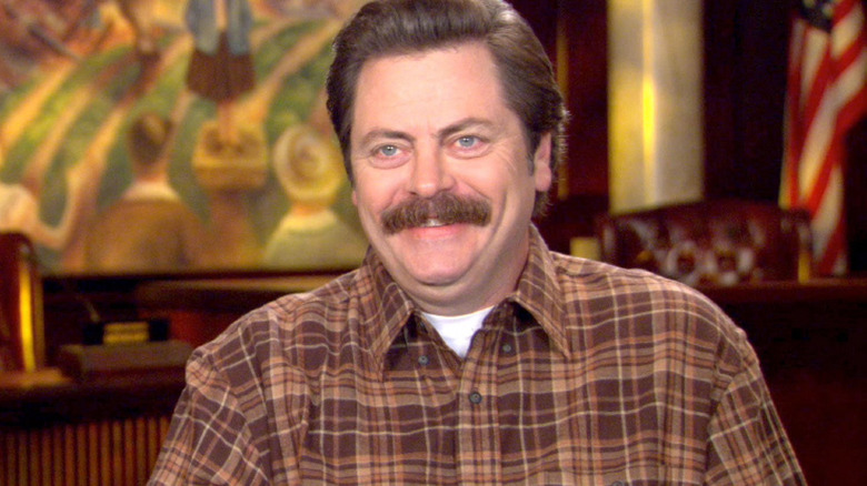 Ron Swanson looking happy on Parks and Recreation