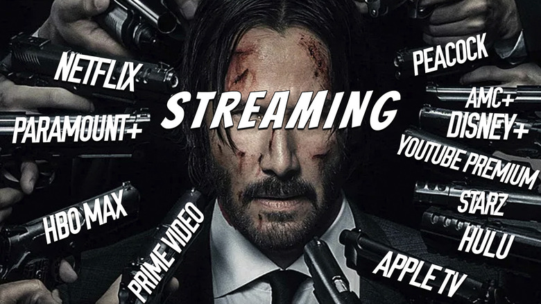 A bunch of guns pointing at John Wick (labeled for different streaming services) in the John Wick: Chapter 2 poster