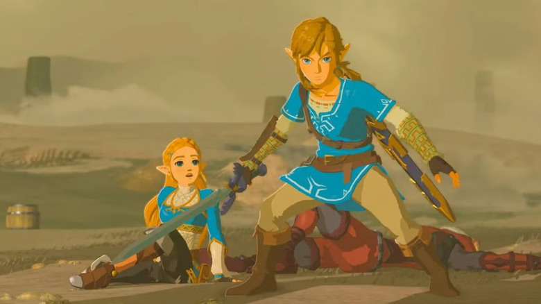 Links stands guard while Zelda looks up to him in The Legend of Zelda: Breath of the Wild