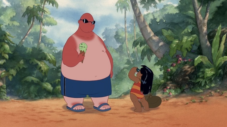 Lilo snaps a photo of a sunburnt tourist holding an ice cream cone in Lilo & Stitch