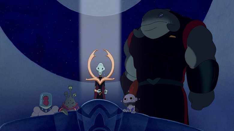 Kevin Michael Richardson as the voice of Captain Gantu and Zoe Caldwell as the Grand Councilwoman in a scene from the original Lilo & Stitch