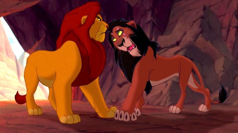 Scar stands in front of Mufasa in The Lion King