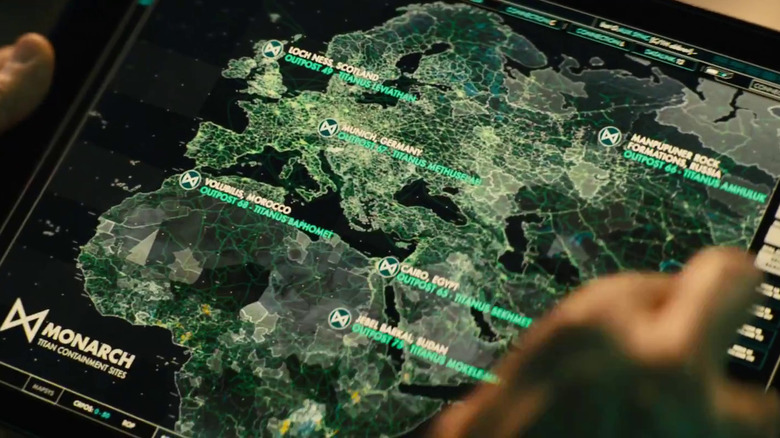 Een kaart met de Titan-insluitingslocaties van Monarch in Godzilla: King of the Monsters