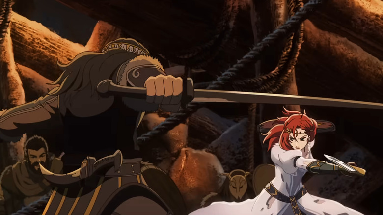 Wulf and Hera dueling with swords in The Lord of the Rings: The War of the Rohirrim