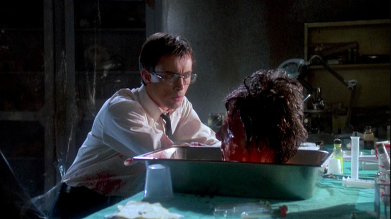 Herbert West talks to Dr. Hill's severed head in "Re-Animator"