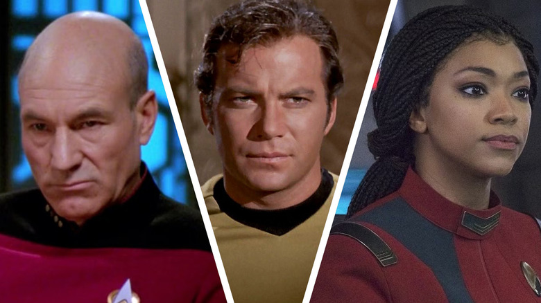 Jean-Luc Picard (Patrick Stewart), James T. Kirk (William Shatner), and Michael Burnham (Sonequa Martin-Green) commanding ships in a composite image