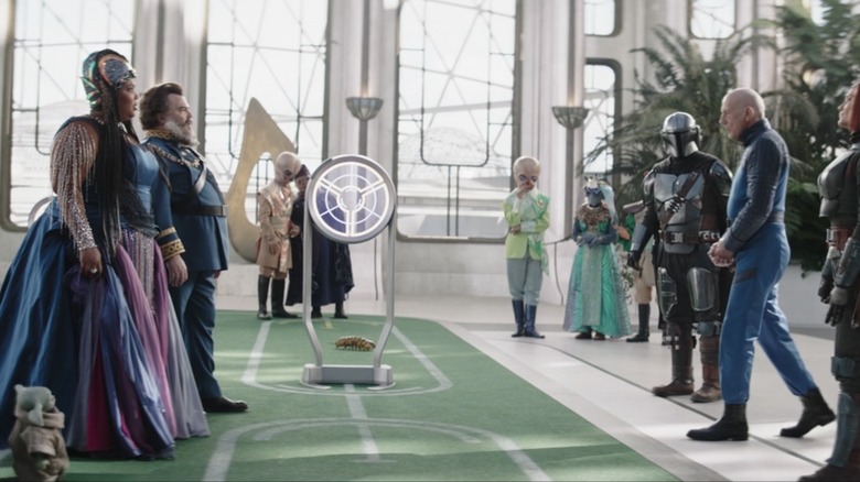 Grogu, the Duchess, Captain Bombardier, Din Djarin, Commissioner Helgait, and Bo-Katan 