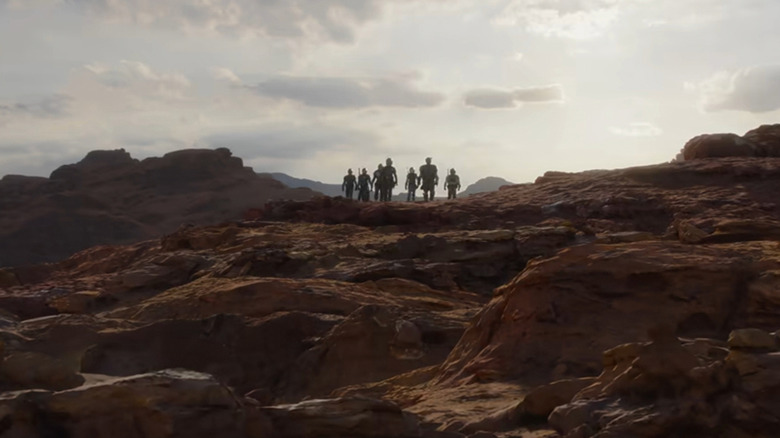Din Djarin (Pedro Pascal) and a group of Mandalorian warriors in The Mandalorian