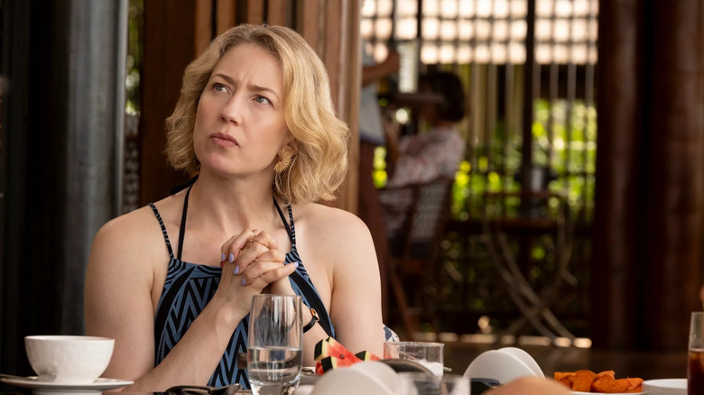 Carrie Coon looks quizzical as Laurie in The White Lotus