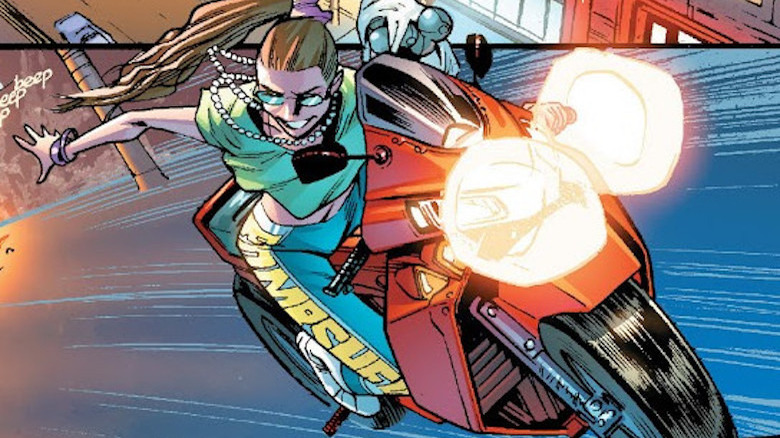 Wendy Conrad AKA Bombshell riding a motorcycle