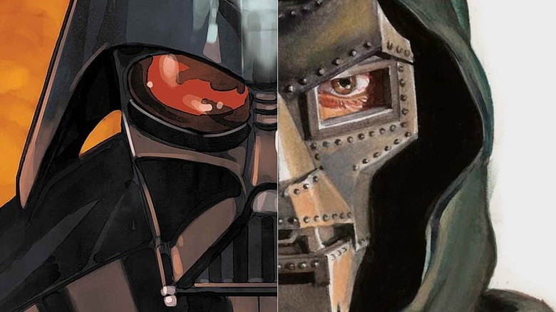 A split screen showing Darth Vader and Doctor Doom in their masks on opposite sides