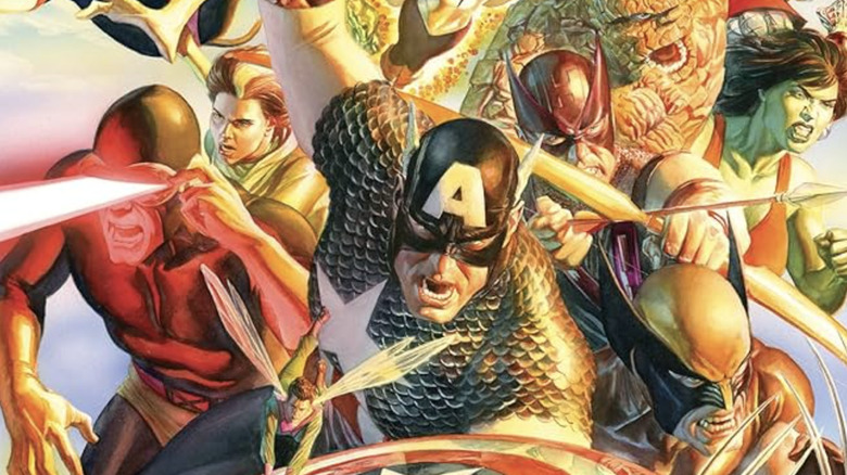 Cyclops, Rogue, Wasp, Captain America, Hawkeye, Wolverine, The Thing, She-Hulk and more in Secret Wars cover by Alex Ross