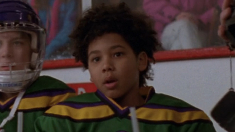 Terry (Jussie Smollett) staring at Fulton's slapshot in The Mighty Ducks