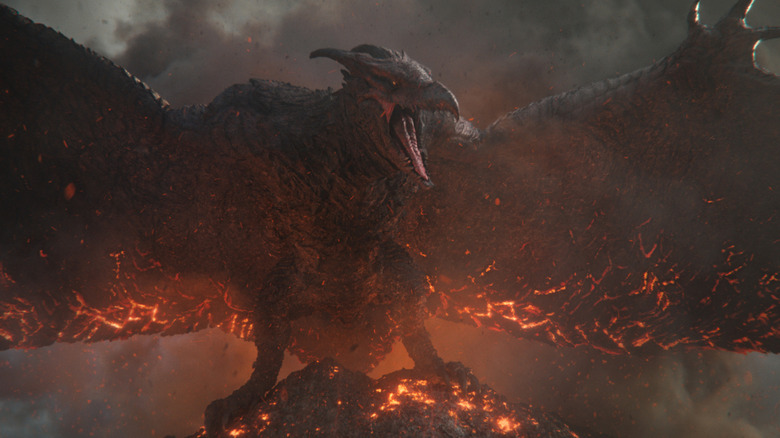 Rodan as himself perched on a fiery volcano with his wings spread in Monarch: Legacy of Monsters