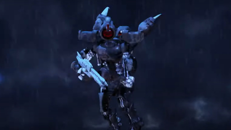 Alien robot hovering in sky