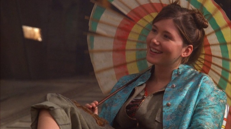 Kaylee in Asian silk jacket, Asian paper parasol