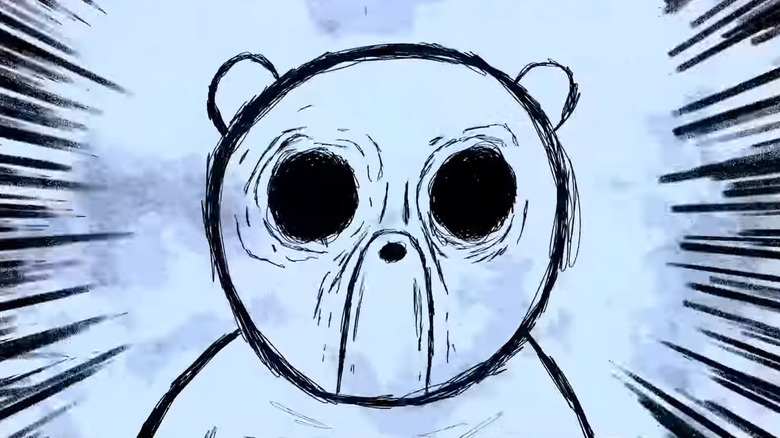Rough sketch of Winnie the Pooh with large black eyes