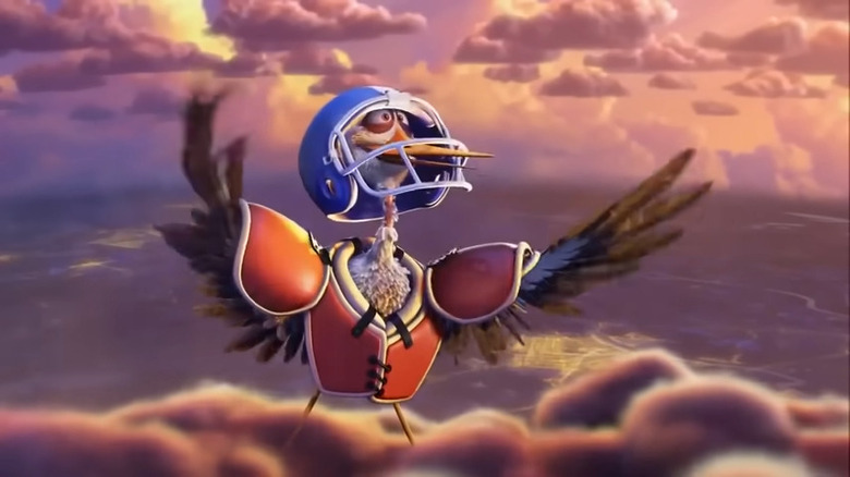 Stork wearing a football costume in Partly Cloudy