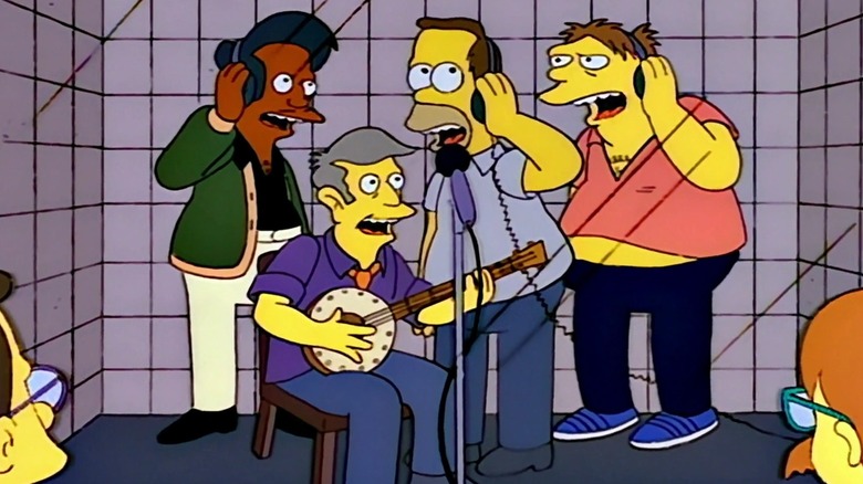 Homer, Apu, Skinner, and Barney recording as the Be Sharps in The Simpsons