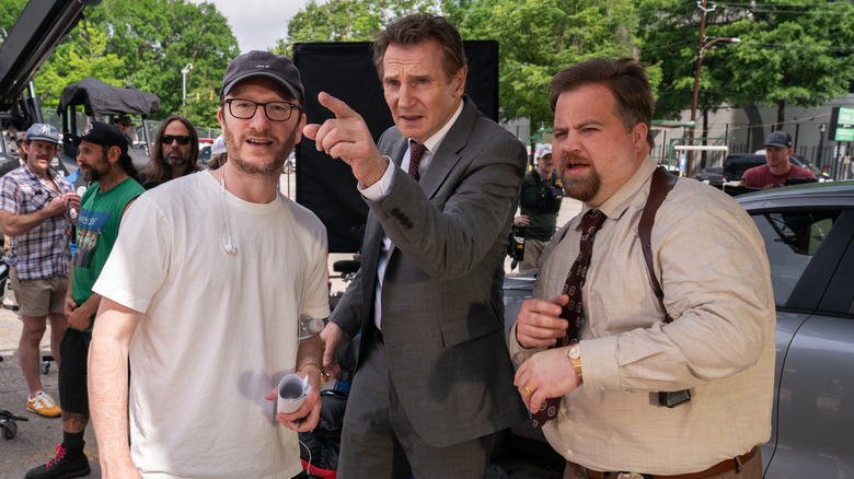 Director Akiva Shaffer on the set of The Naked Gun with Liam Neeson and Paul Walter Hauser