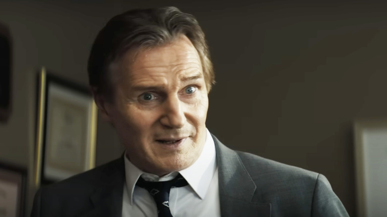Frank Drebin Jr. (Liam Neeson) looks incredulous in The Naked Gun (2025)