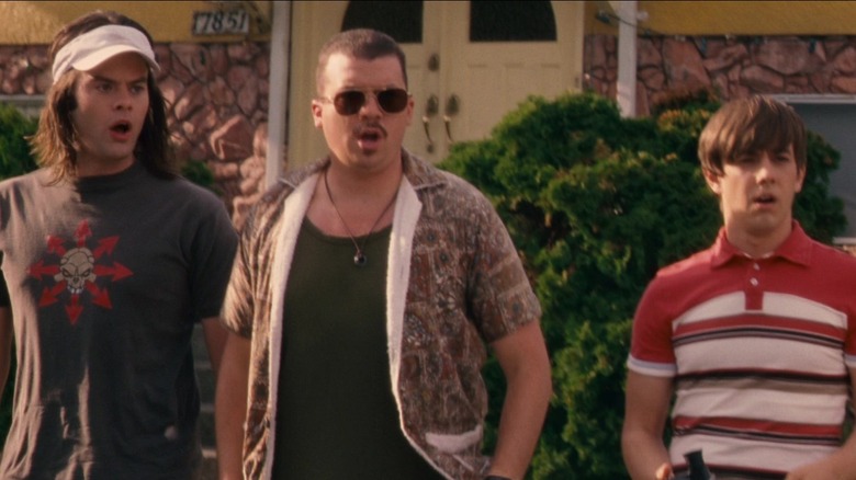 Bill Hader's Dave, Danny McBride's Rico, and Jorma Taccone's Kevin watching Rod crash in Hot Rod