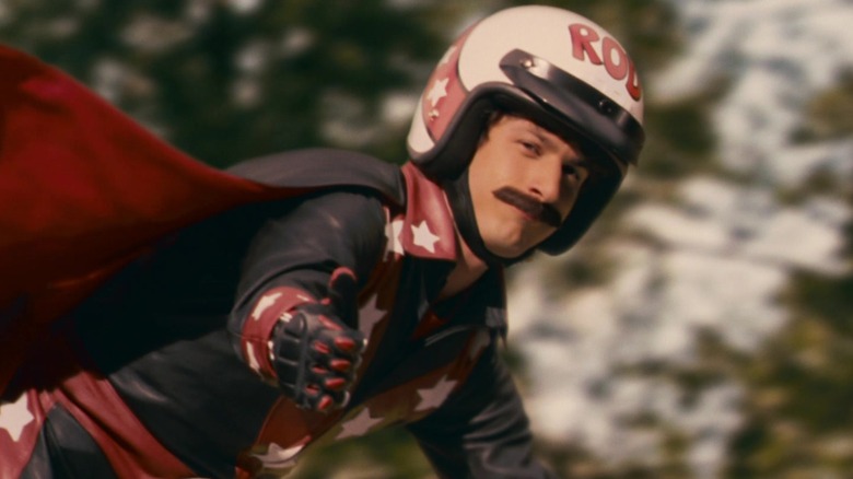 Andy Samberg giving a thumbs up jumping his motorcyle at the end of Hot Rod