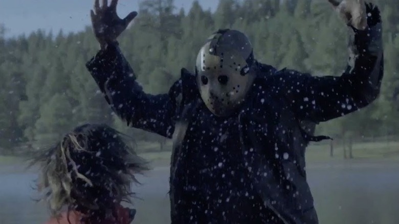 Jason Voorhees popping out of the water in Never Hike Alone