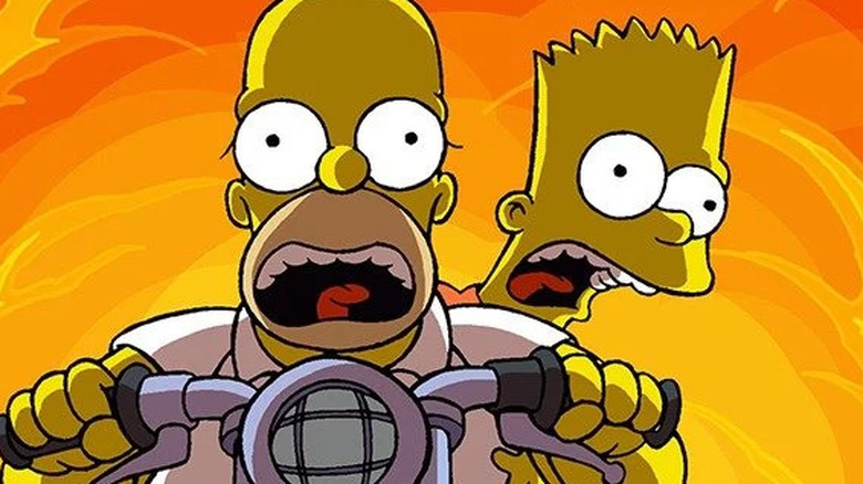 Homer and Bart jumping on a motorcycle in The Simpsons Movie