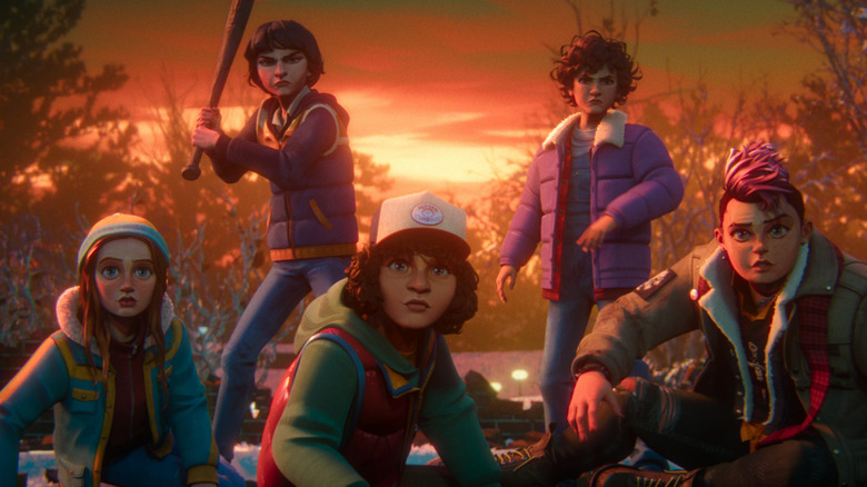 Max, Mike, Dustin, Eleven, and a new person look at the camera in Stranger Things: Tales From '85
