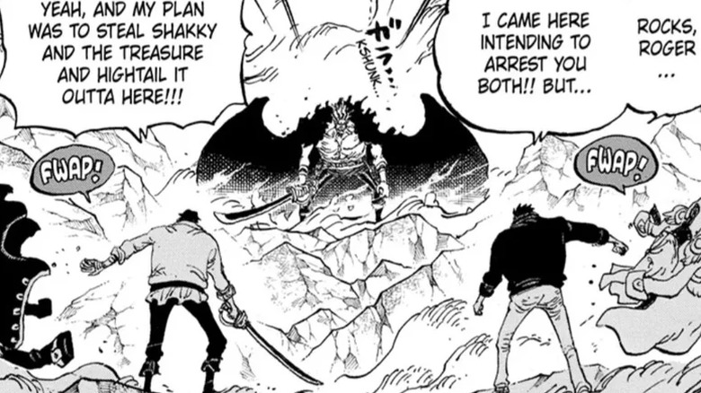 Garp and Roger teaming up to fight a demonically possessed Rocks in One Piece