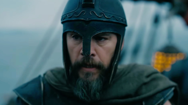 Matt Damon as Odysseus wearing his helmet in The Odyssey (2026)