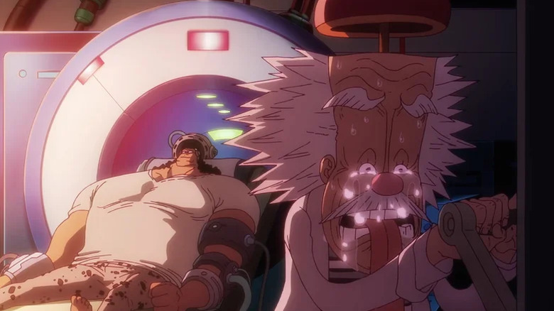 Vegapunk cries his eyes out while Kuma lies in a lab chair in One Piece
