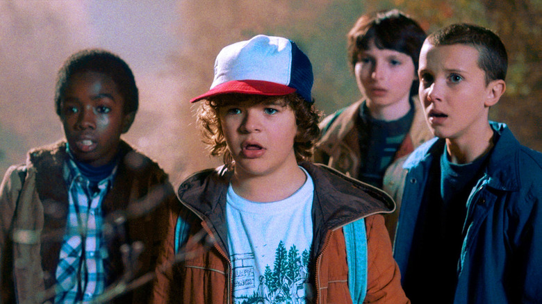 Caleb McLaughlin, Gaten Matarazzo, Finn Wolfhard, and Millie Bobbie Brown in Stranger Things (2016)
