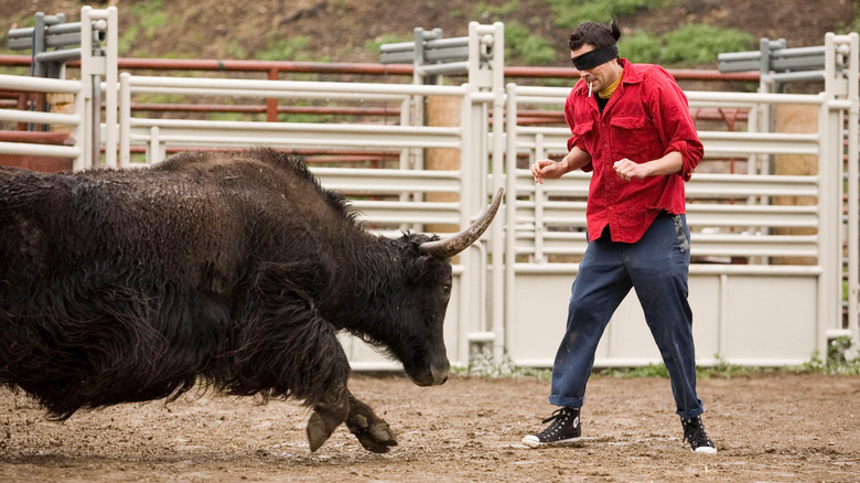 Johnny Knoxville with a blindfold on about to get hit by a bull in Jackass Number Two