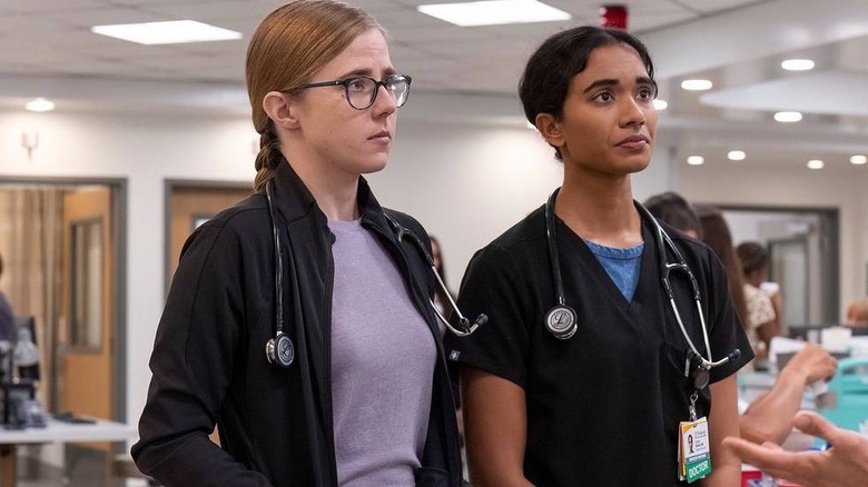 Mel and Samira looking concerned in the ER on The Pitt