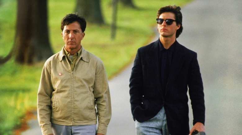 Dustin Hoffman as Raymond Babbitt takes a ride with Tom Cruise as Charlie Babbitt in Rain Man