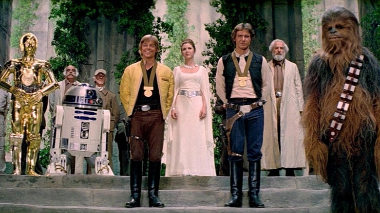 Luke, Han, and Chewbacca show off their medals in Star Wars: A New Hope