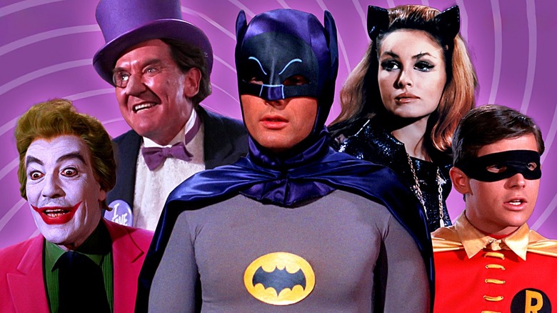 Batman, Joker, Catwoman, Penguin, and Robin on a purple background