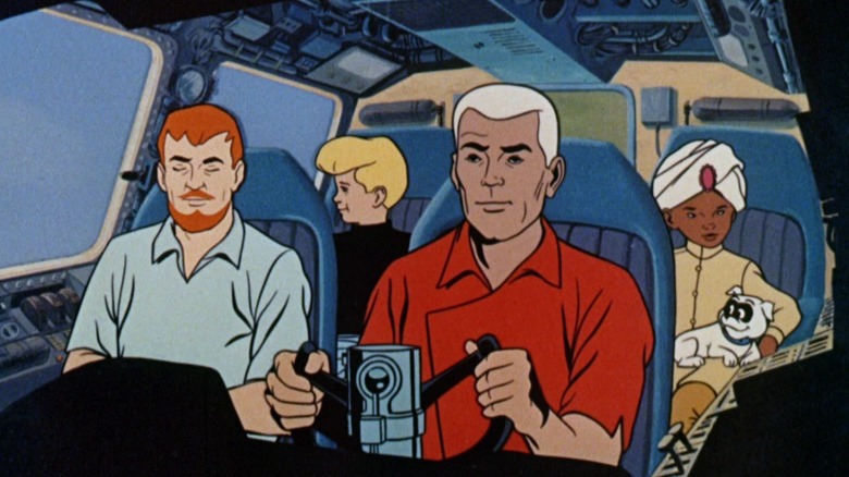 Dr. Benton Quest, Jonny Quest, Race Bannon, Hadji, and Bandit in a helicopter in Jonny Quest