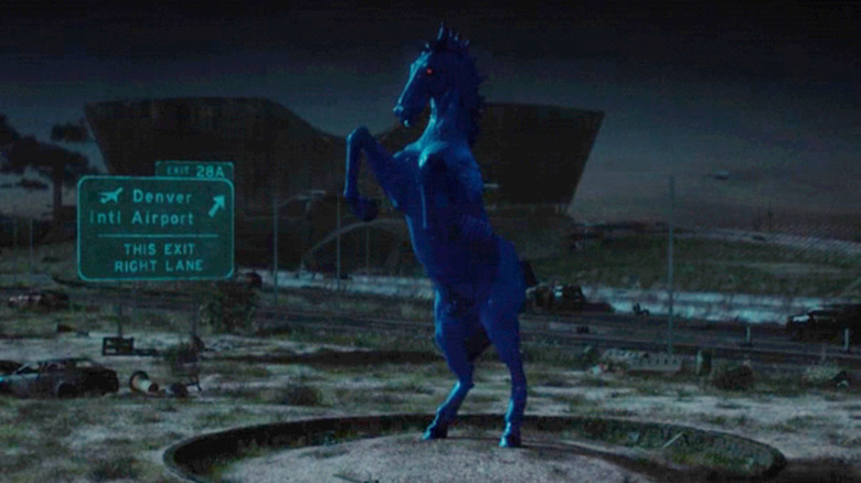 A look at a blue horse statue known as Blucifer in Paradise