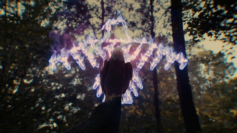 Eagly the Eagle using his full powers with a glowing eagle symbol behind him