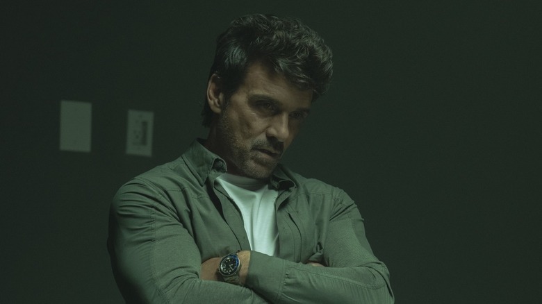 Frank Grillo Rick flag his arms and appears to be fateful for the peacemaker