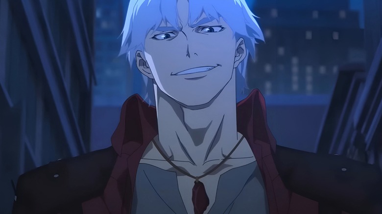 Dante wearing his amulet (while smirking at a demon baby) in Netflix's Devil May Cry
