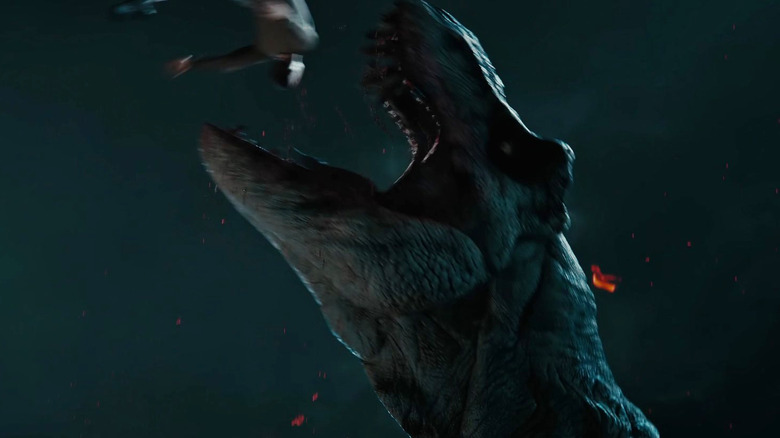 A T-rex eating a soldier in Primitive War