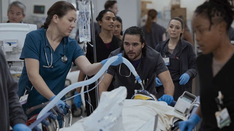 Jalen Thomas Brooks as Mateo Diaz alongside Ayesha Harris as Parker Ellis, Ambar Martinez as Kim Tate, and Supriya Ganesh as Samira Mohan in The Pitt