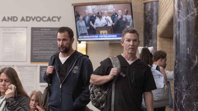 Robby and Abbot walking out of the ER on The Pitt