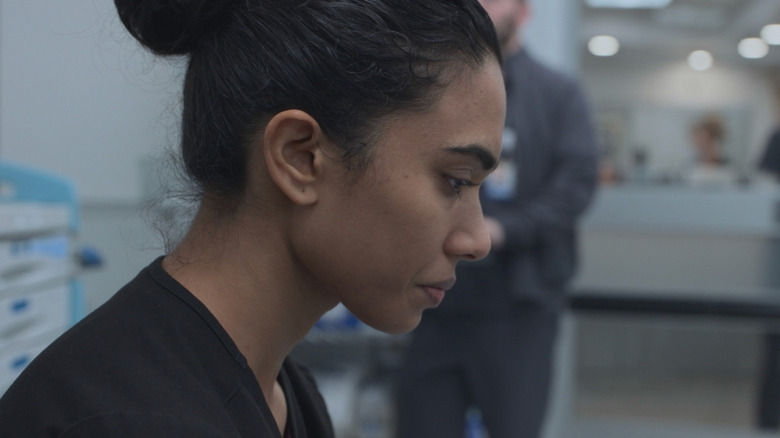 Supriya Ganesh as Samira Mohan looking distressed in The Pitt