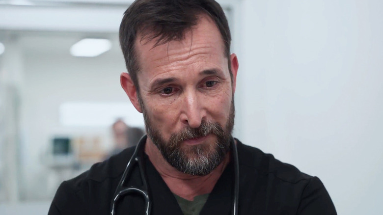 Noah Wyle's Dr Michael Robinavitch is seen looking sad in closeup in The Pitt